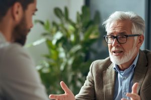 homme d'une soixantaine d'années en rdv préliminaire pour un bilan de compétences